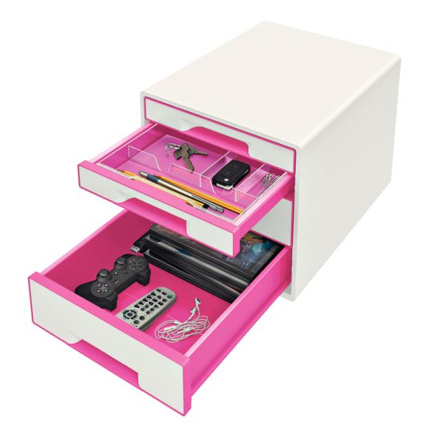 Cabinet cu sertare Leitz WOW, 4 sertare, PS, A4, cu tavita organizare, culori duale, alb-roz