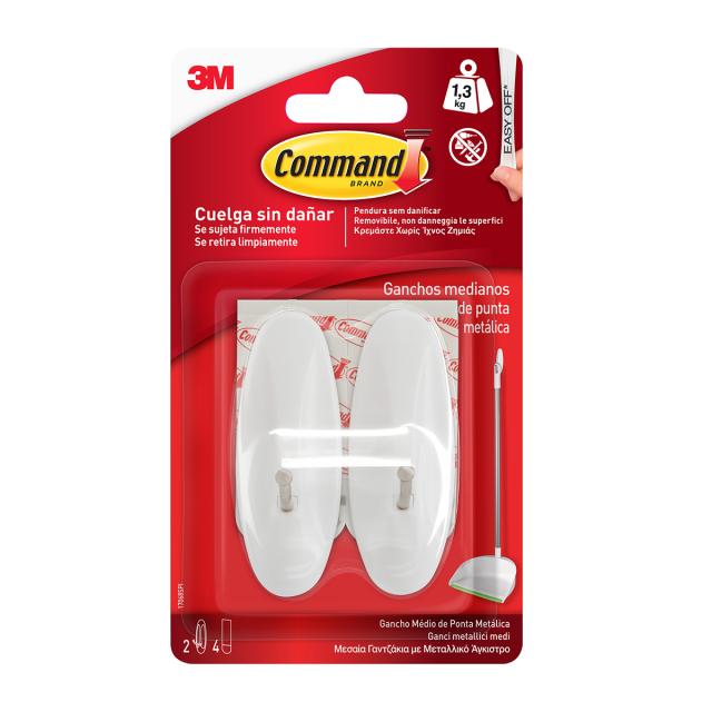 Carlig cu tija metalica 3M Command, mediu, alb, 1.3 kg, 2 bucati/set