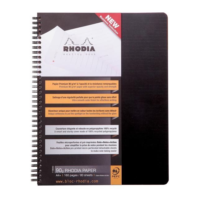 MeetingBook cu spira A4+ Rhodiactive, 80 file, negru