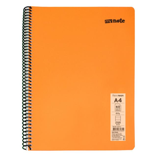 Caiet cu spira Mynote, format A4, 60 file offset 60 g/mp, liniatura dictando, coperta PP neon, mix de 8 culori