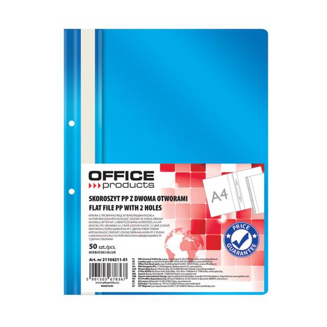 Dosar cu sina si 2 perforatii Office Products, A4, plastic, albastru, 50 bucati/set