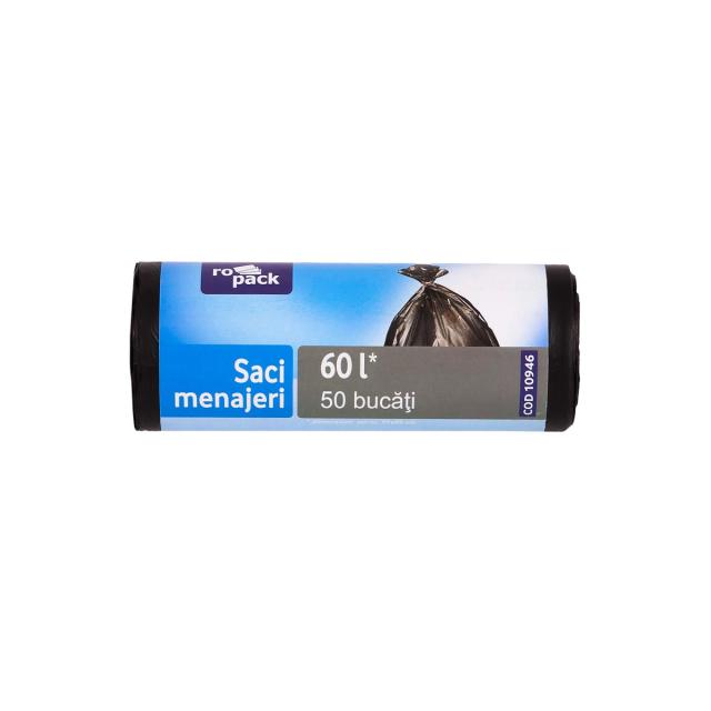 Saci menaj HDPE, negru, 57x65cm, 7 microni, 60 litri, 50 bucati/rola