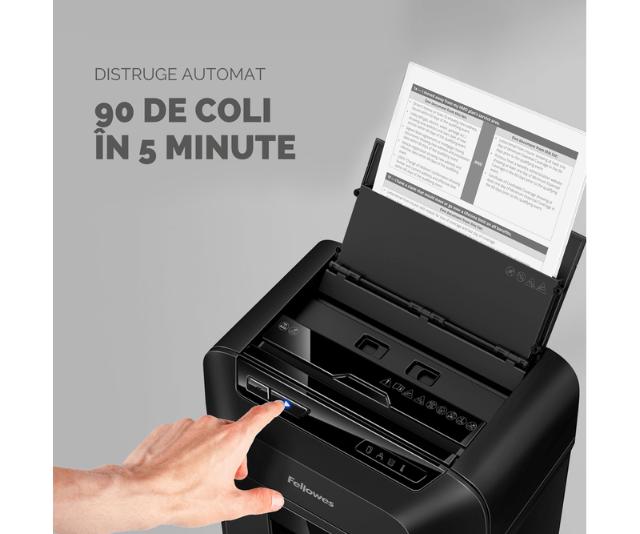 Distrugator documente Fellowes AutoMax 90M, cross-cut, 90 coli, cos 17l, negru