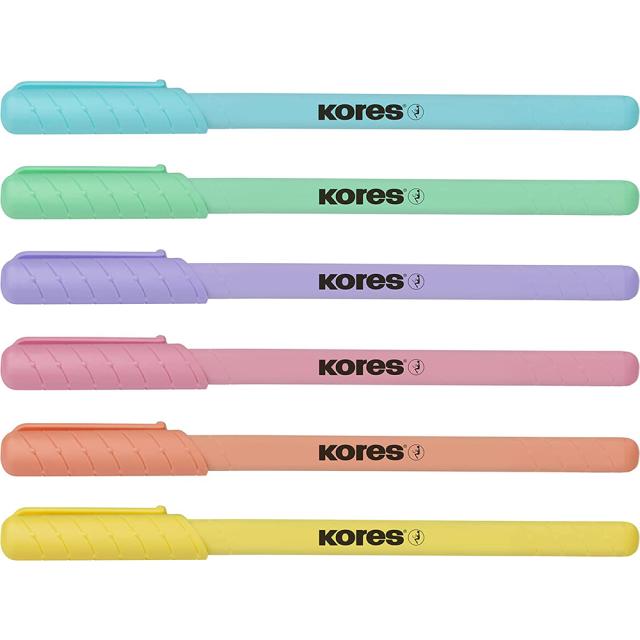 Set 6 pixuri fara mecanism Kores Korm, varf 1 mm, corp pastel, scriere albastra