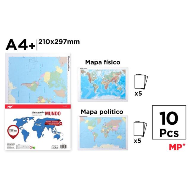 Set harta lumii Main Paper, A4, politica si fizica, contine marile si oceanele, 10 bucati/set