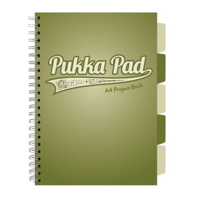 Caiet A4 cu spira si separatoare Pukka Pad Project Book, 200 file, matematica, kaki