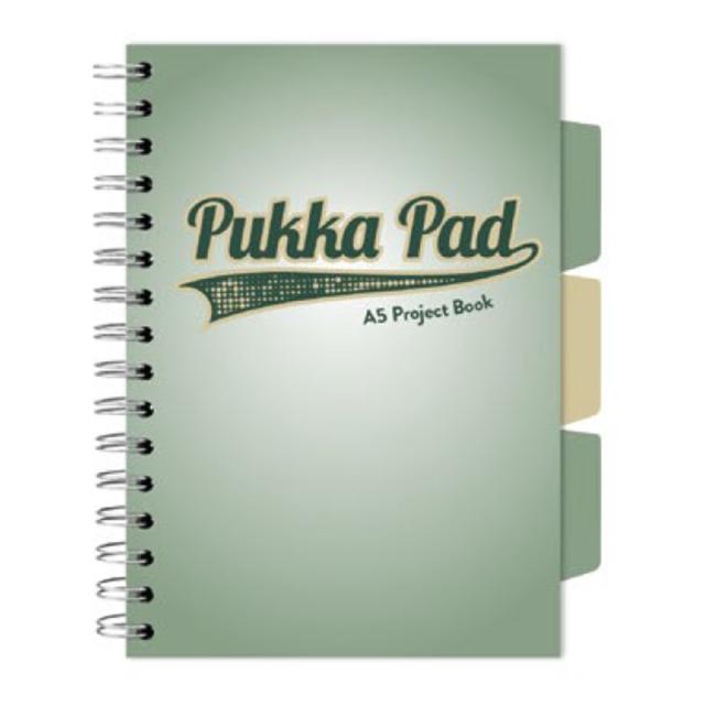 Caiet A5 cu spira si separatoare Pukka Pad Project Book, 200 file, matematica, verde