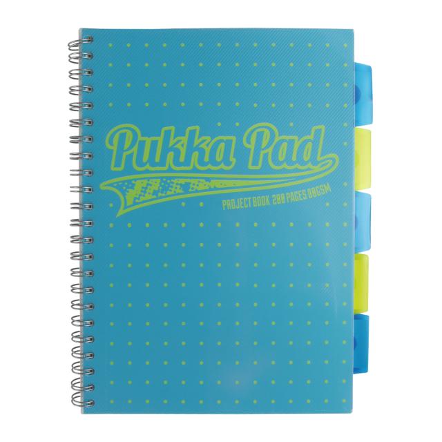 Caiet A4 cu spira si separatoare Pukka Pad Project Book Neon Dots, 200 file, matematica, albastru