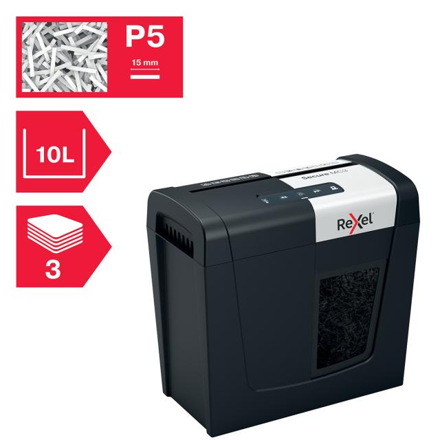 Distrugator documente manual REXEL SECURE MC3, P5, micro-cut (particule), 3 coli, 10l, negru-argintiu