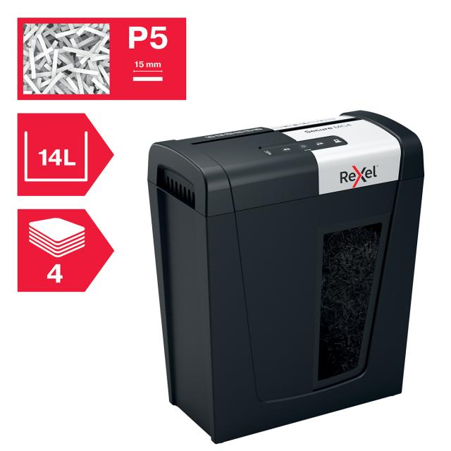 Distrugator documente manual REXEL SECURE MC4, P5, micro-cut (particule), 4 coli, 14l, negru-argintiu