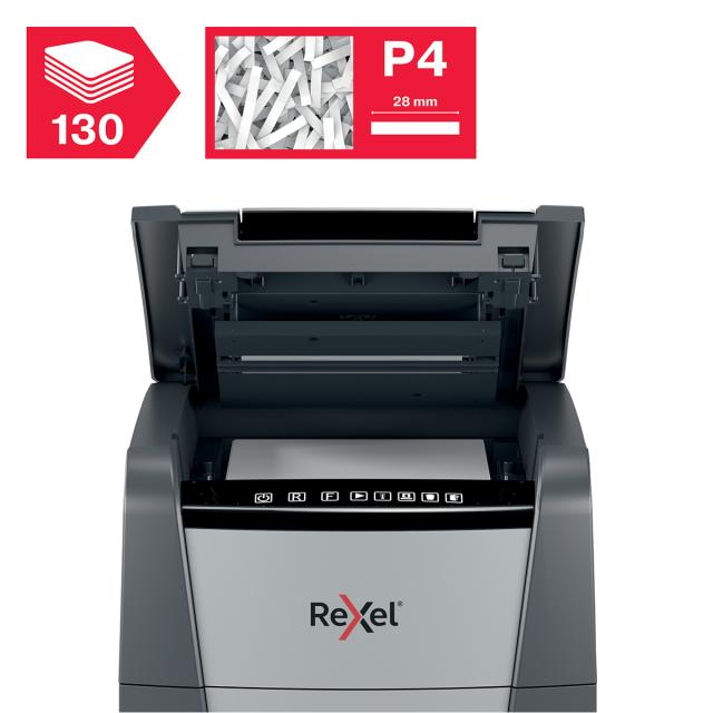 Distrugator documente automat REXEL OPTIMUM 130X, P4, cross-cut (confeti), 130 coli, cos 44l, negru-gri