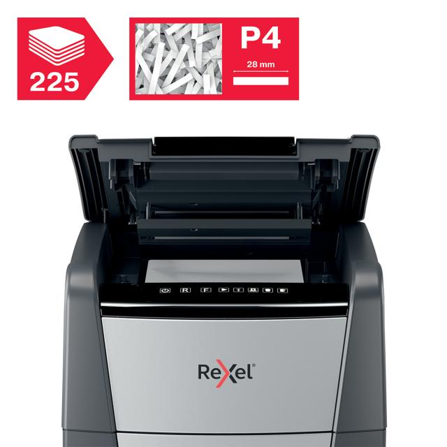 Distrugator documente automat REXEL OPTIMUM 225X, P4, cross-cut (confeti), 225 coli, cos 60l, negru-gri