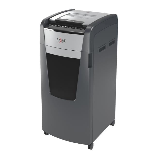 Distrugator documente automat REXEL OPTIMUM 600X, P4, cross-cut (confeti), 600 coli, cos 110l, negru-gri