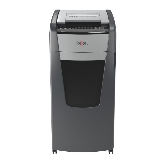 Distrugator documente automat REXEL OPTIMUM 600X, P4, cross-cut (confeti), 600 coli, cos 110l, negru-gri