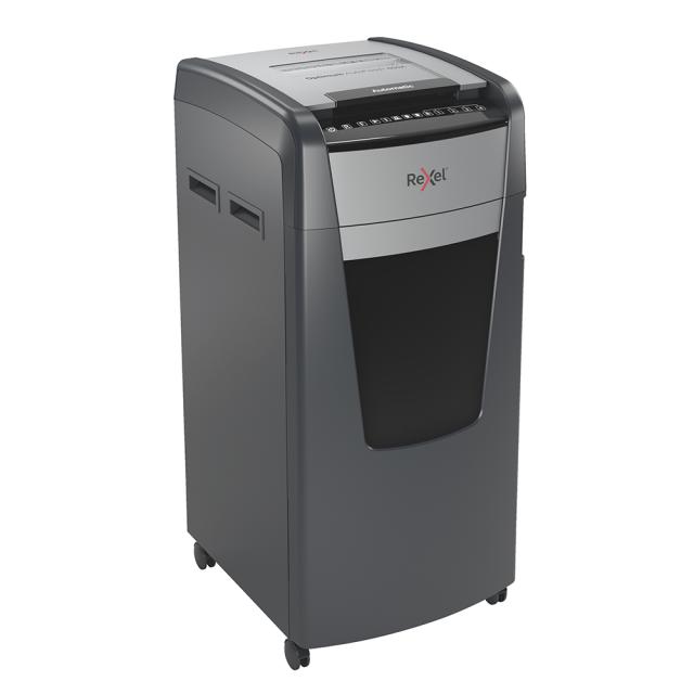 Distrugator documente automat REXEL OPTIMUM 600X, P4, cross-cut (confeti), 600 coli, cos 110l, negru-gri