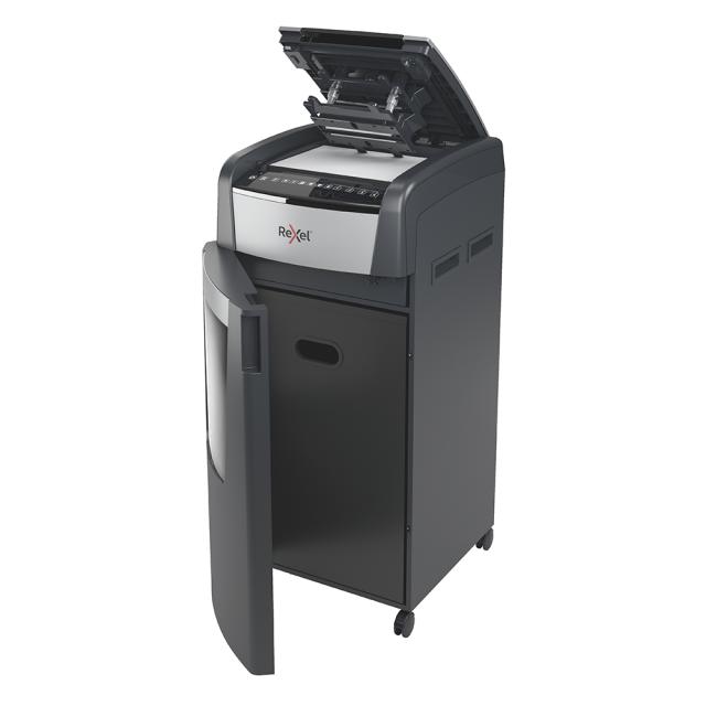 Distrugator documente automat REXEL OPTIMUM 600X, P4, cross-cut (confeti), 600 coli, cos 110l, negru-gri