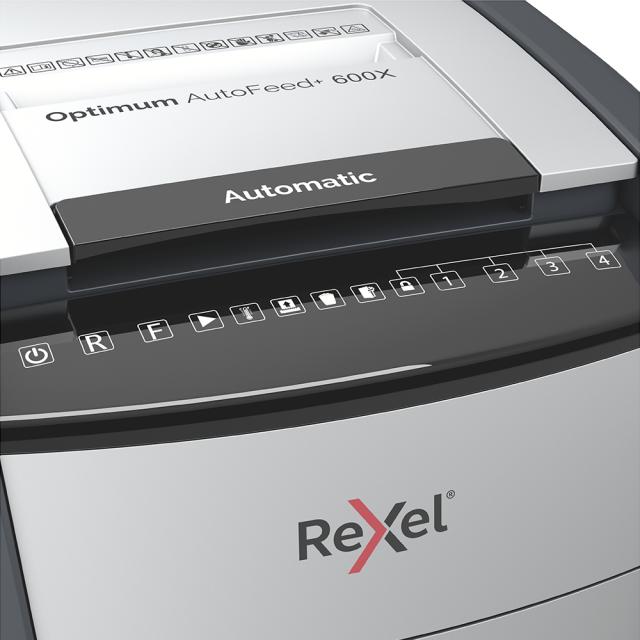 Distrugator documente automat REXEL OPTIMUM 600X, P4, cross-cut (confeti), 600 coli, cos 110l, negru-gri