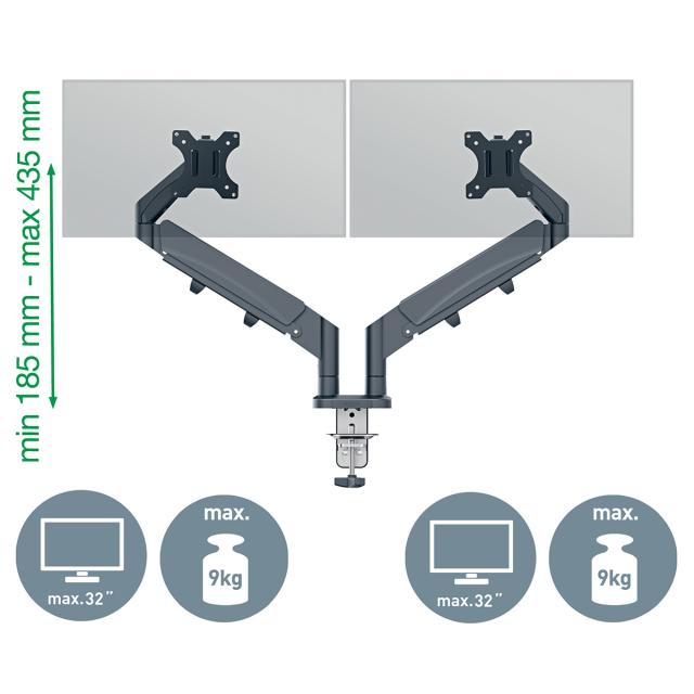 Suport pentru monitor Leitz Ergo, 2 brate ajustabile si extensibile, cu fixare pe birou, gri-carbune