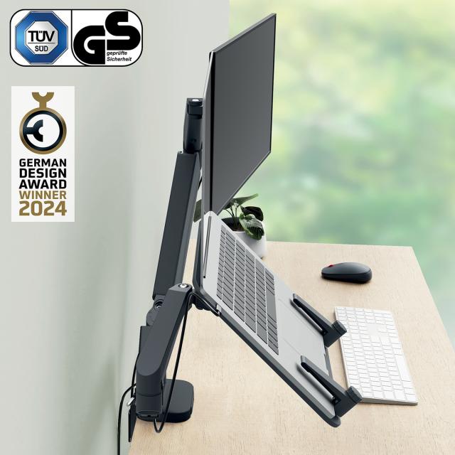 Suport pentru monitor Leitz Ergo, 2 brate ajustabile si extensibile, cu fixare pe birou, suport pentru laptop inclus, gri-carbune