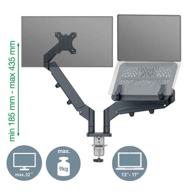 Suport pentru monitor Leitz Ergo, 2 brate ajustabile si extensibile, cu fixare pe birou, suport pentru laptop inclus, gri-carbune