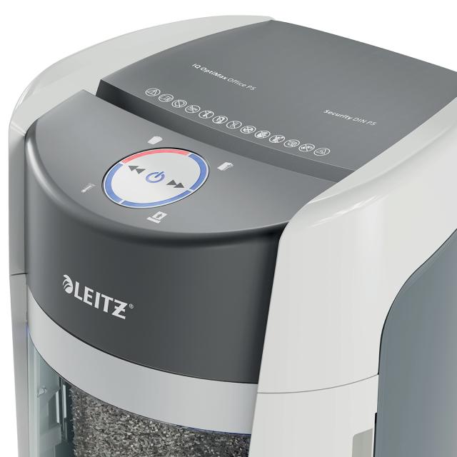 Distrugator documente manual Leitz OptiMax, P5, micro-cut, 10 coli, cos 35l, alb-gri