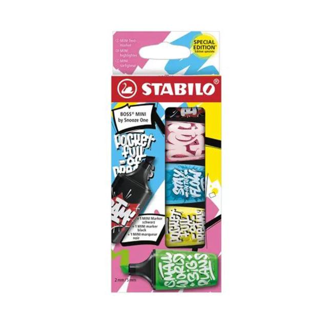 Textmarker Stabilo Boss mini by Snooze One, 5 culori / set, negru, roz, albastru, galben, verde, etui, carton