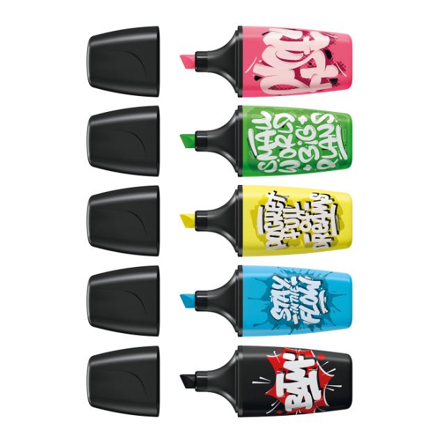 Textmarker Stabilo Boss mini by Snooze One, 5 culori / set, negru, roz, albastru, galben, verde, etui, carton