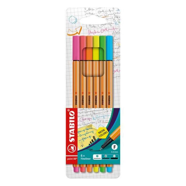 Fineliner Stabilo Point 88, 0.4 mm, 6 culori, neon/set etui